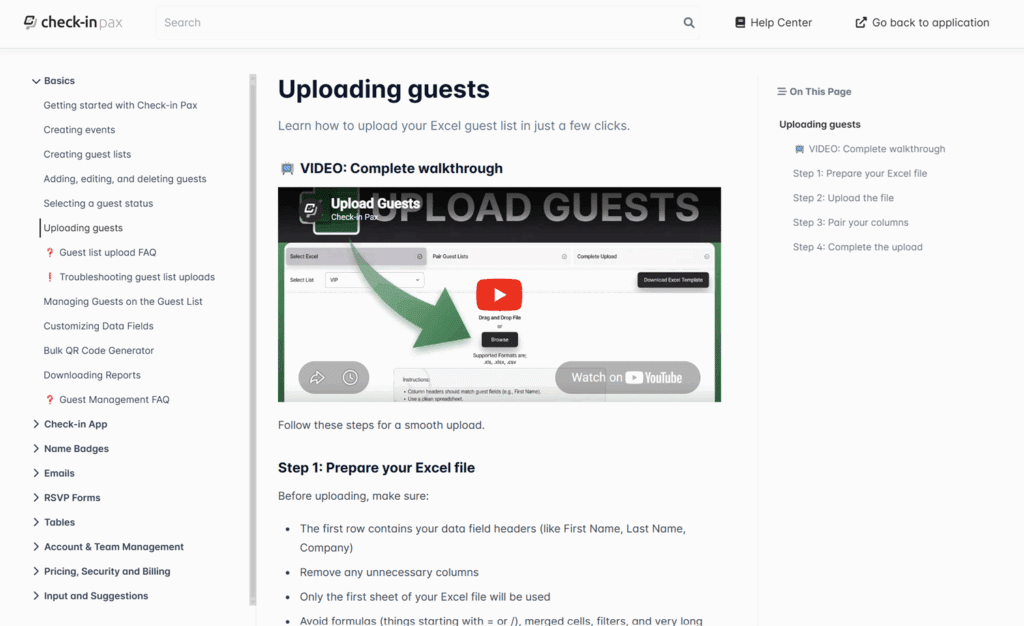 Screenshot of the Check-in Pax Help Center